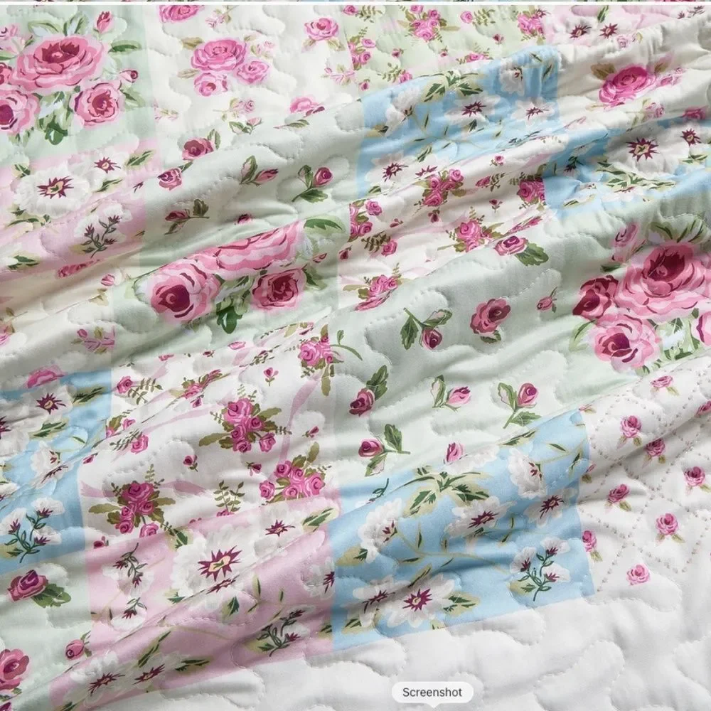 Ditsy Cottage Pink Floral Printed Patchwork QueenQuilt Set Farmhouse Shabby Chic
